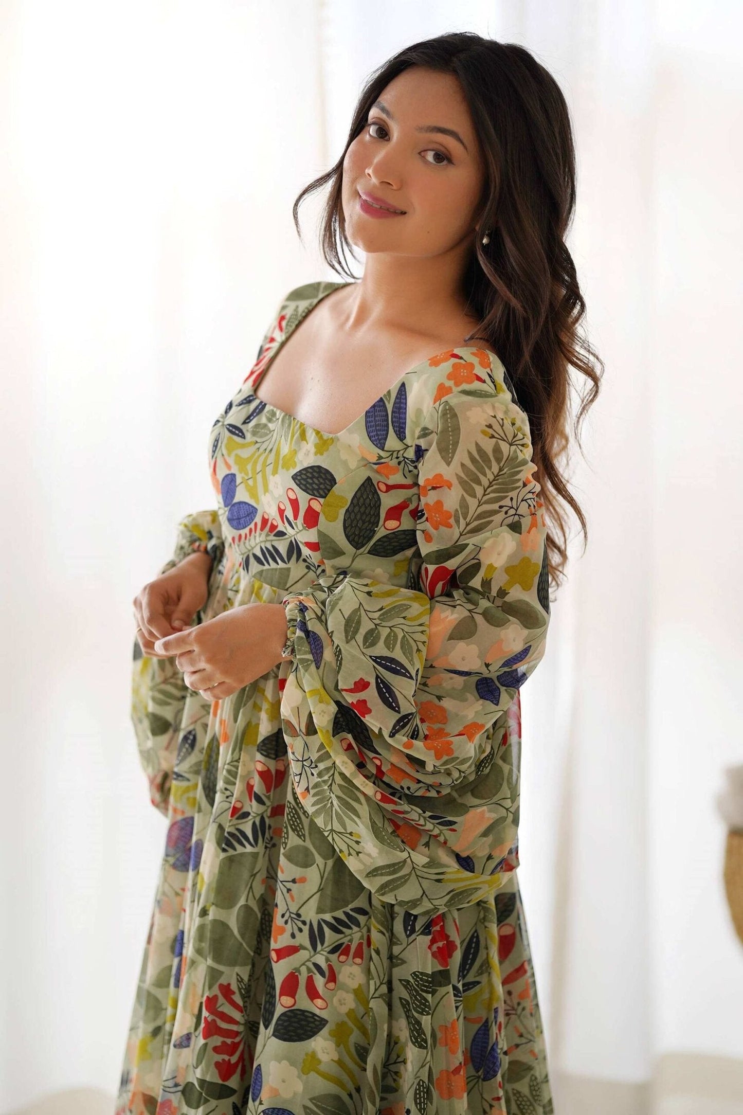Elegant Floral Print Soft Fox Georgette Maxi Dress with Balloon Sleeves - Fully Flared