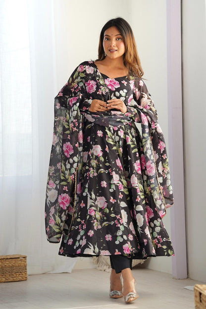 Black Organza Silk Floral Print Anarkali Suit Set