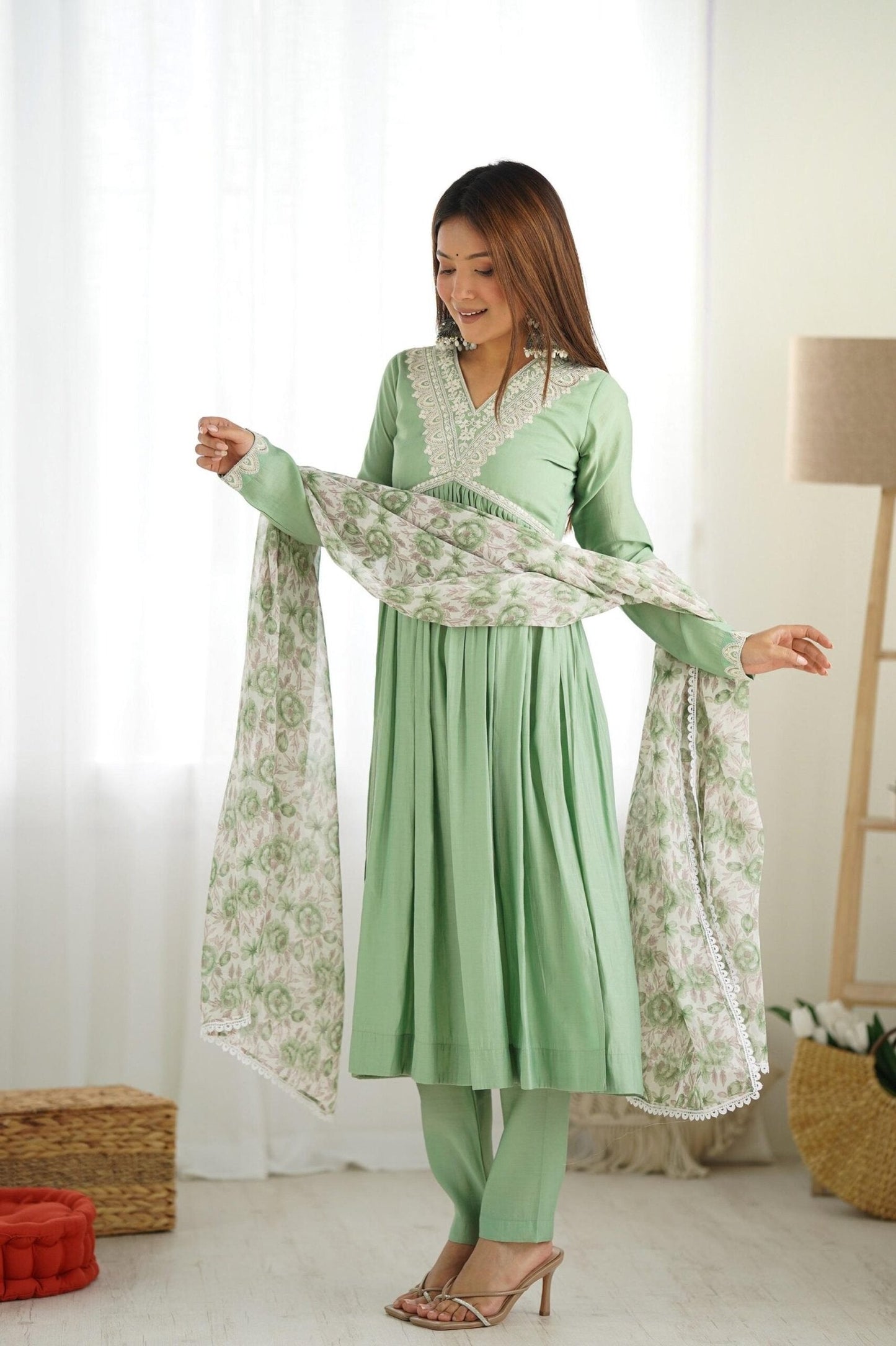 Pista Color Nyra Cut Kurta Suit with Floral Tabby Organza Dupatta