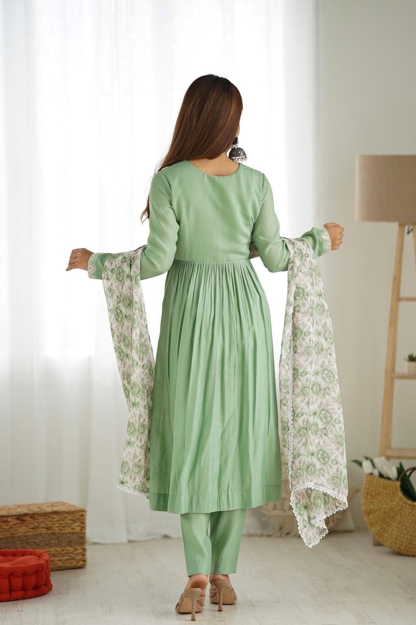 Pista Color Nyra Cut Kurta Suit with Floral Tabby Organza Dupatta