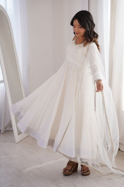 White Roman Silk Anarkali Suit Set