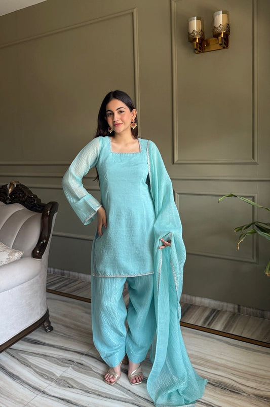 Cute Teal Crunchy Silk Farshi Salwar Suit