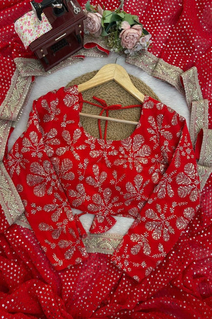Premium Red Faux Blooming Georgette Saree with Thread & Sequence Work