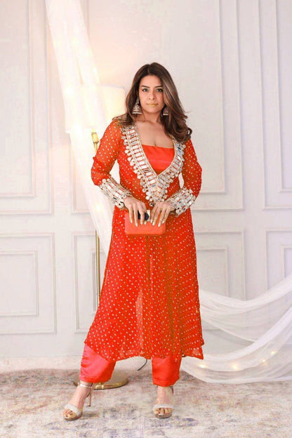 Orange Bandhani Print Mirror Work Cord Set