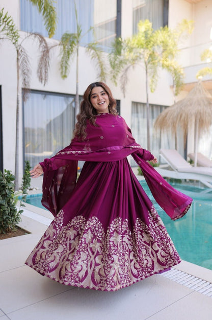 Mulberry Wine Rangoli Silk Gown Set