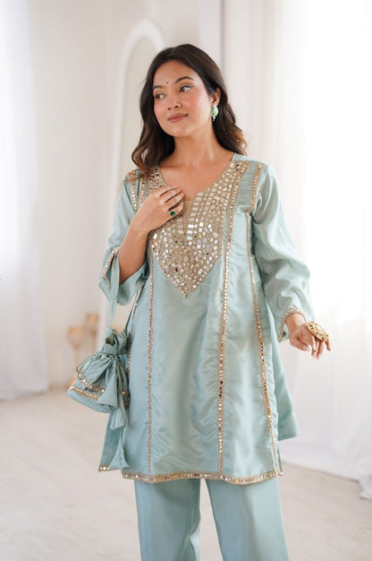 Premium Misty Blue Real Mirror Work Suit Set in HO Fabric