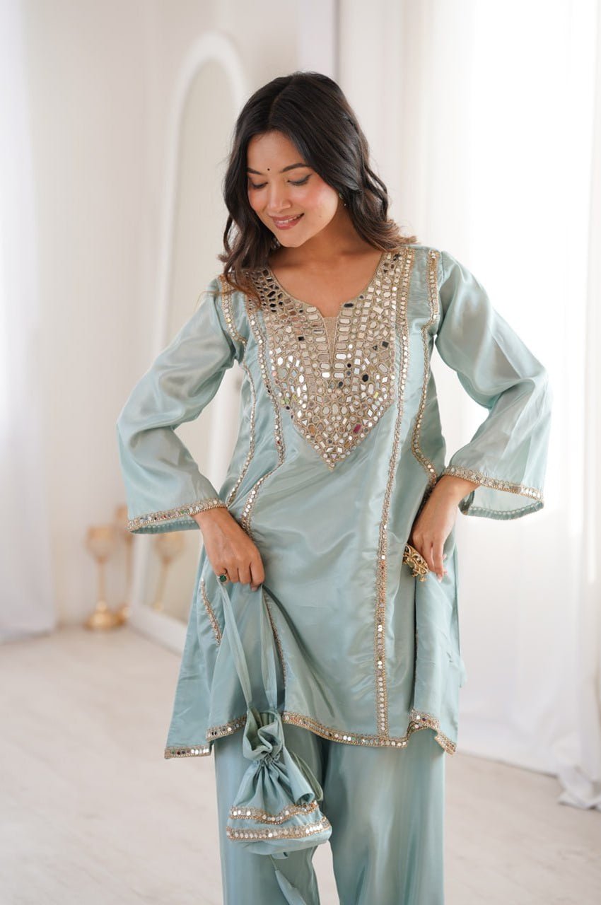 Premium Misty Blue Real Mirror Work Suit Set in HO Fabric