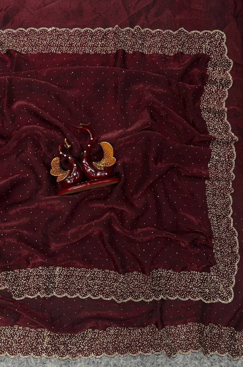 Cherry Oak Space Silk Heavy Saree with Original Jarkhan Diamond Work