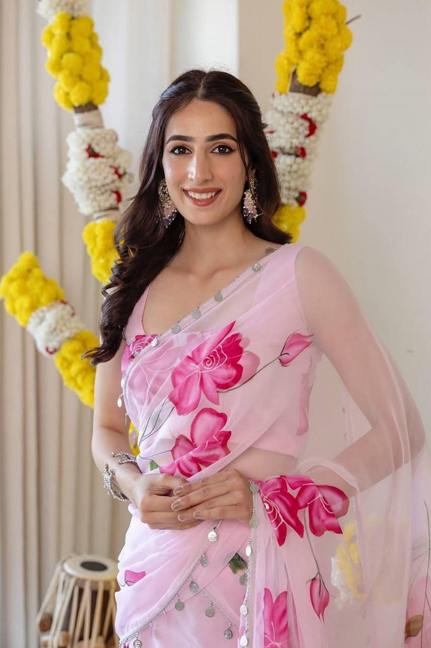 Light Pink Floral Print Georgette Ruffle Saree with Stitched Blouse
