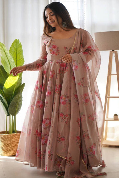Elegant Beige Tabby Organza Floral Print Gown with Dupatta
