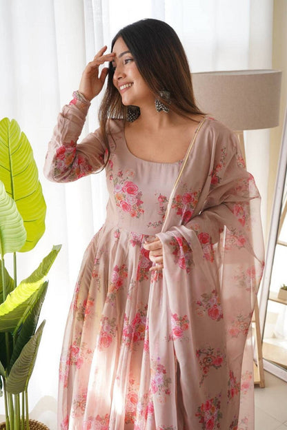 Elegant Beige Tabby Organza Floral Print Gown with Dupatta