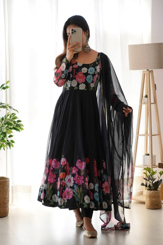 Elegant Black Floral Print Anarkali with Zari Work and Dupatta - Ready-to-Wear
