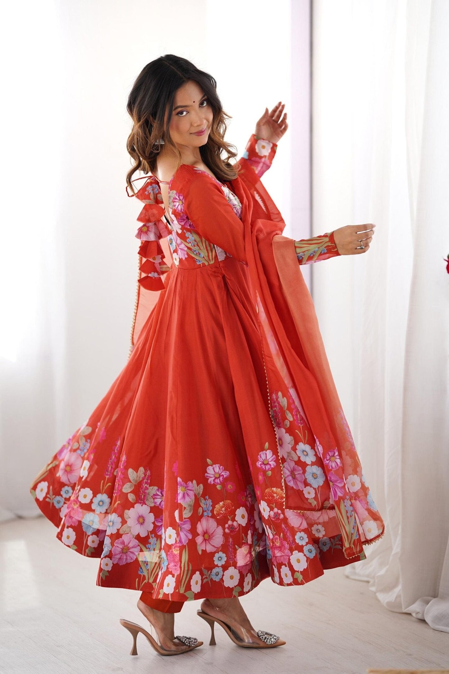 Rust Orange Floral Organza Silk Anarkali Suit Set
