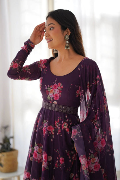 Feel Like Royalty in this Wine Color Floral Gown with Lucknowi Belt and Dupatta