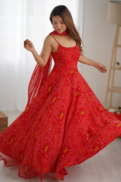 Red Bandhej Print Chiffon Anarkali Gown with Dupatta
