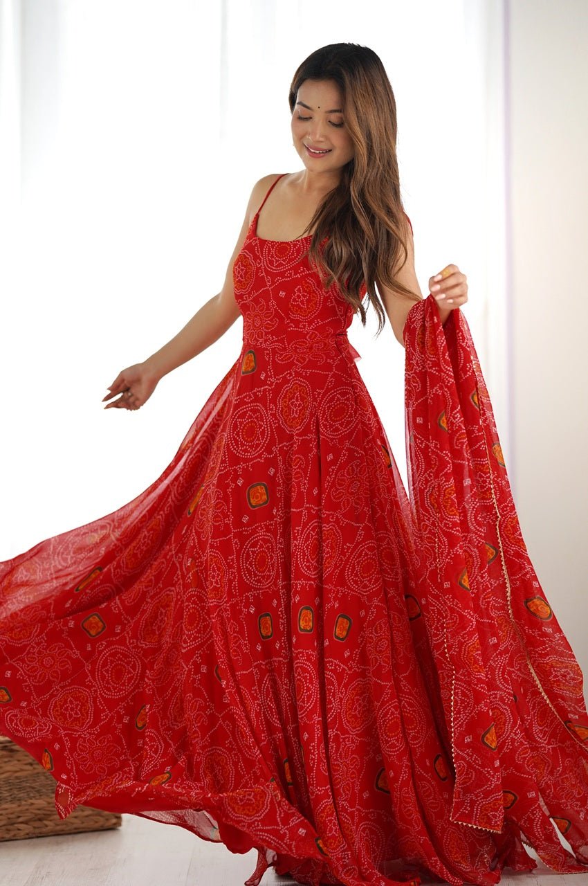 Red Bandhej Print Chiffon Anarkali Gown with Dupatta