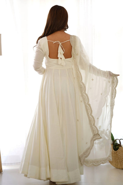 Exquisite White Heavy Pure Romansilk Anarkali Suit with Embroidery Sequence Dupatta