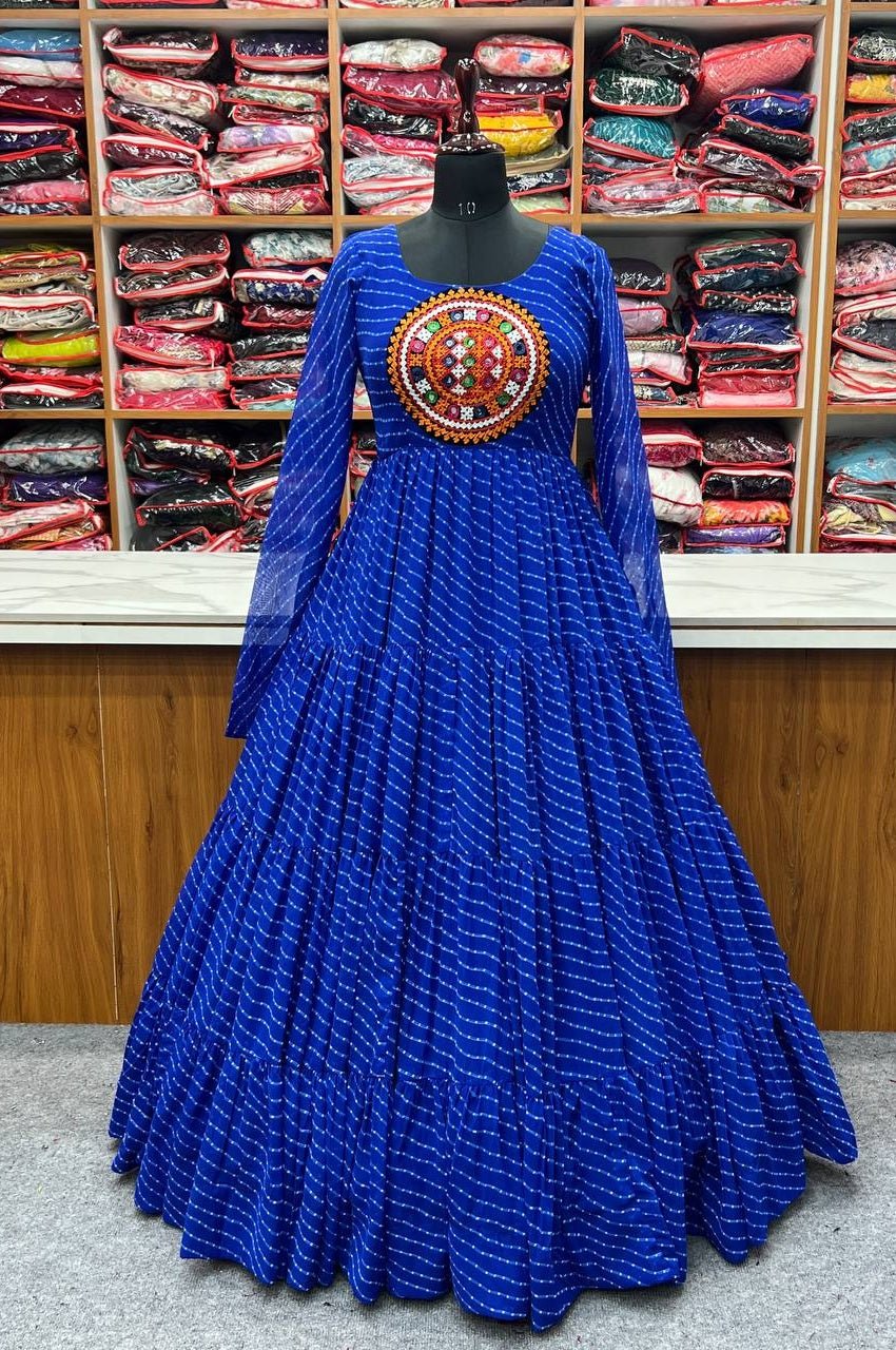Blue Laheriya Print Traditional Gown