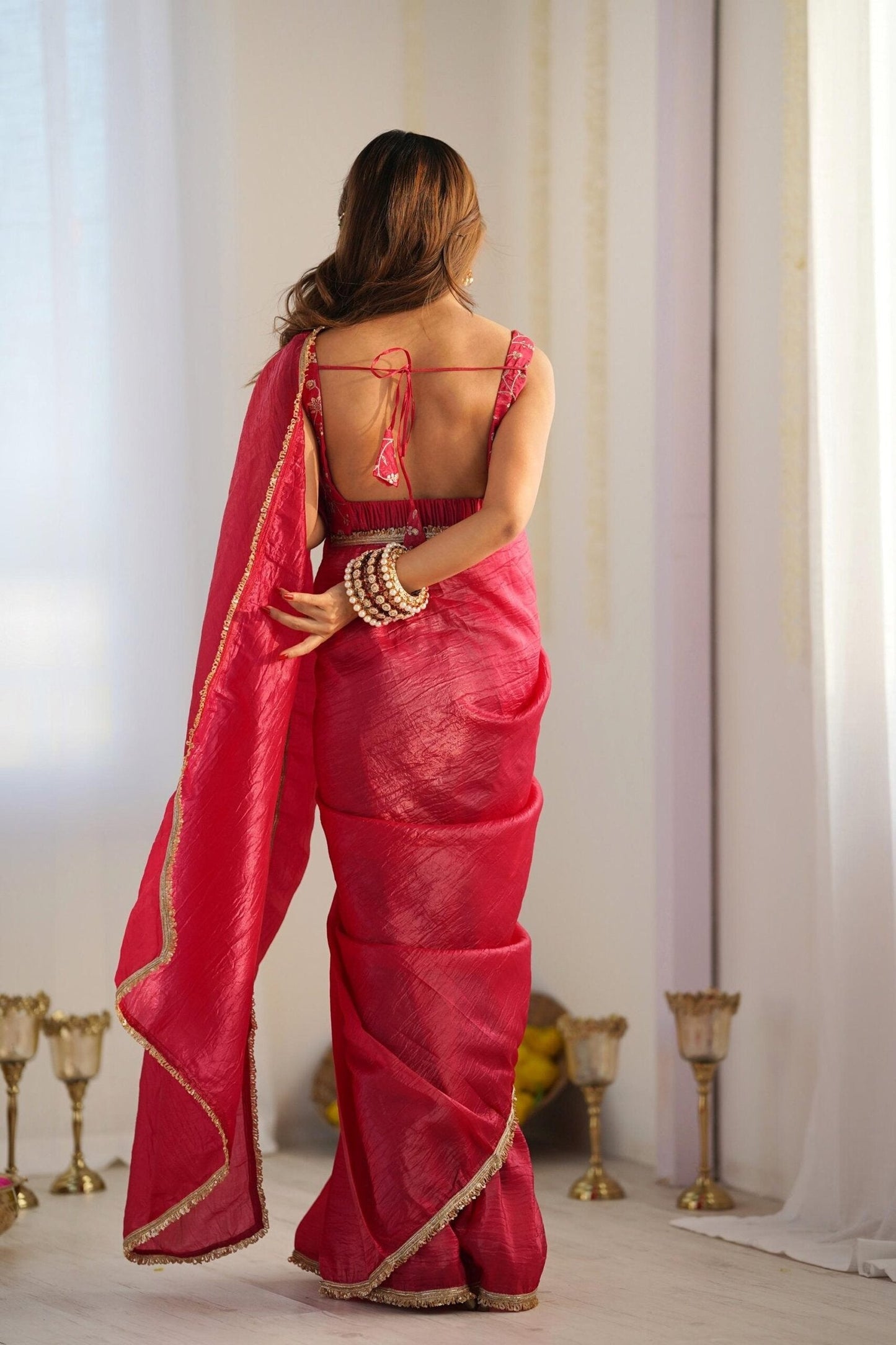 Premium Gold Crush Tissue Silk Ready-to-Wear Saree with Stitched Blouse