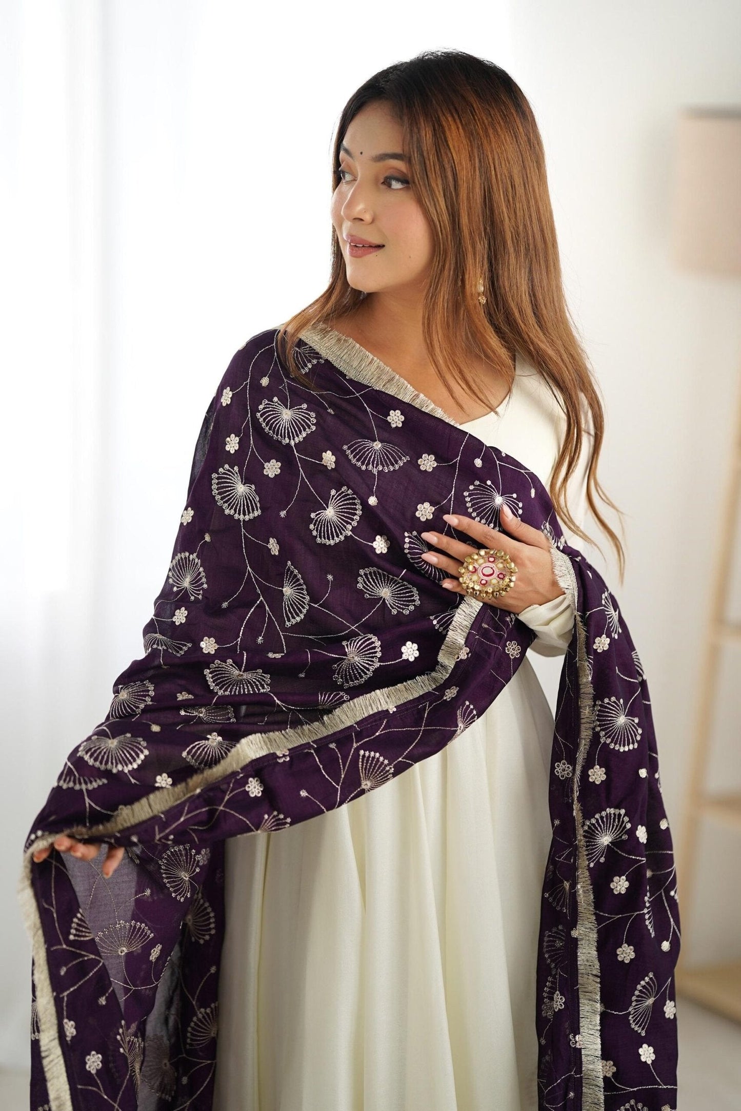 White Silk Anarkali Gown with Purple Heavy Embroidered Dupatta
