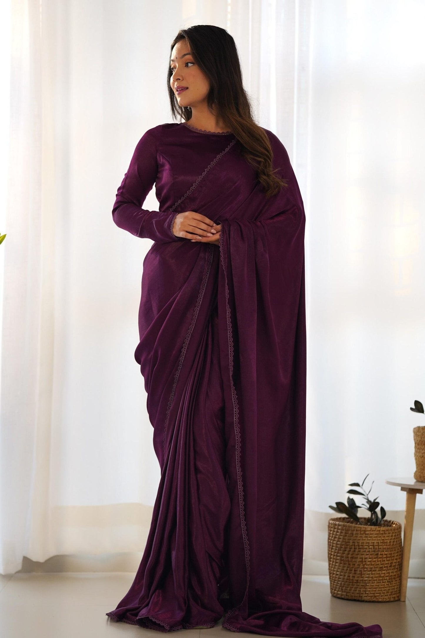 Wine Velvet Ready-to-Wear Saree with Fully Stitched Blouse