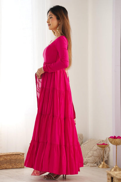 Elegant Roman Silk Chanderi Anarkali Suit Set with Banarasi Jacquard Dupatta