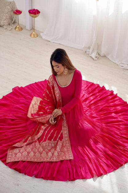 Elegant Roman Silk Chanderi Anarkali Suit Set with Banarasi Jacquard Dupatta