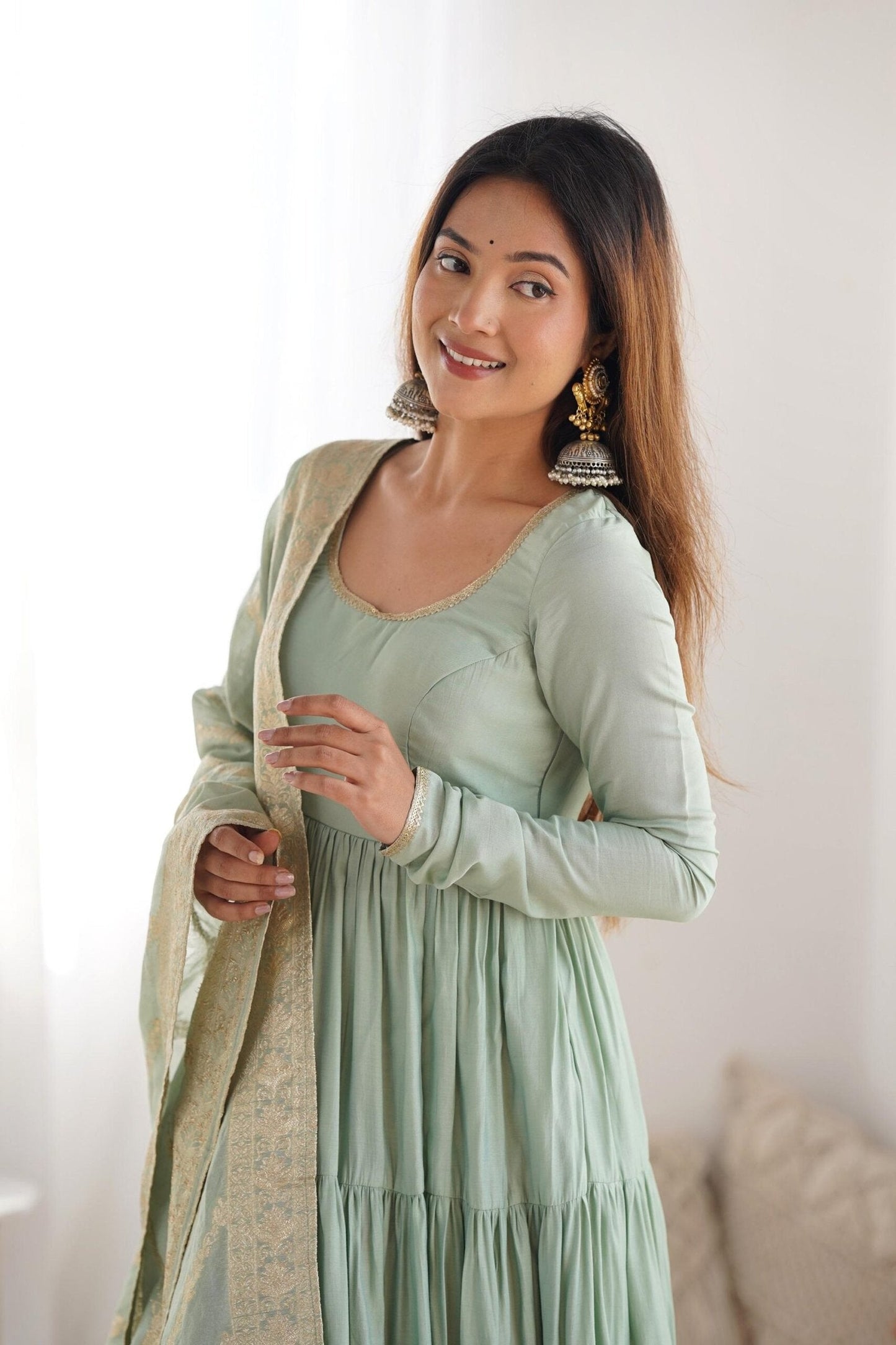 Pistachio Green Roman Silk Four-Layer Anarkali Gown Set