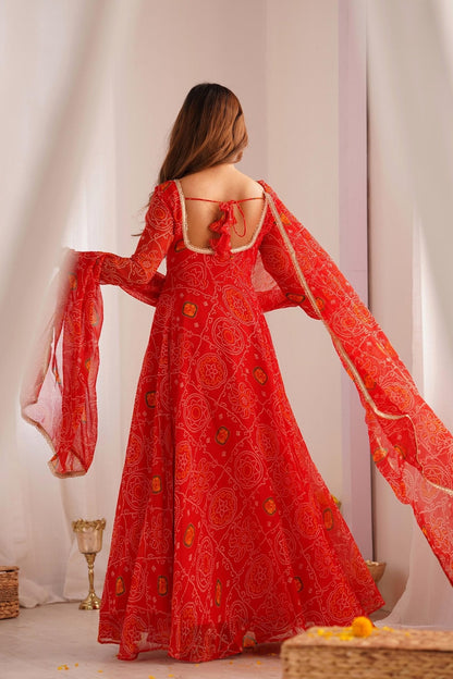 Red Bandhej Print Chiffon Anarkali Suit Set
