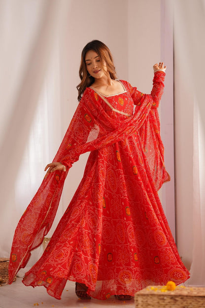 Red Bandhej Print Chiffon Anarkali Suit Set