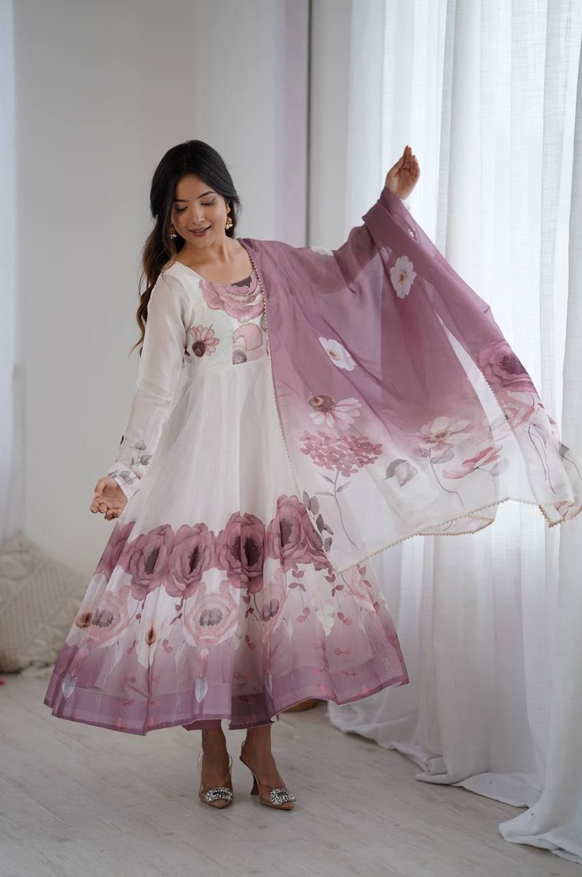 Onion Color Organza Silk Anarkali Suit with Dupatta