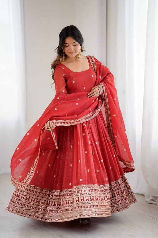 Rust Orange Crunchy Silk Anarkali Suit