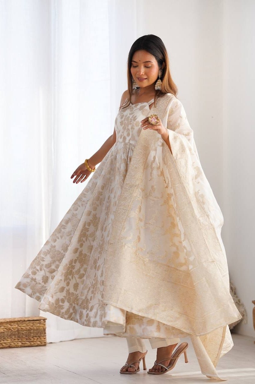 White Banarasi Jacquard Dola Silk Anarkali Suit