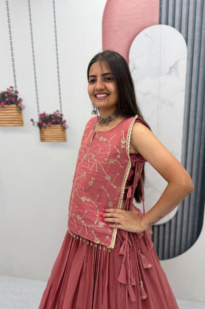 Dusky Red Crunchy Silk Lehenga Set with 3.5 Meter Flair & Heavy Sequins Jacket