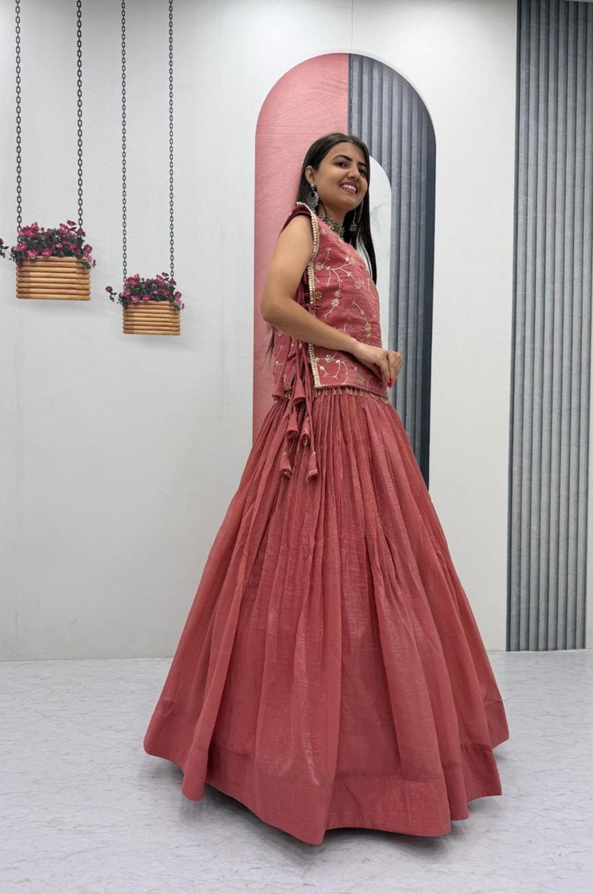 Dusky Red Crunchy Silk Lehenga Set with 3.5 Meter Flair & Heavy Sequins Jacket