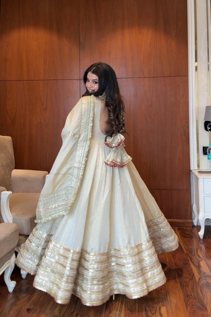 Neha Bhandari Elegant White Chinon Anarkali Suit Set