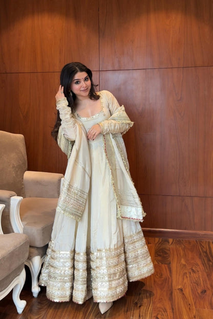 Neha Bhandari Elegant White Chinon Anarkali Suit Set