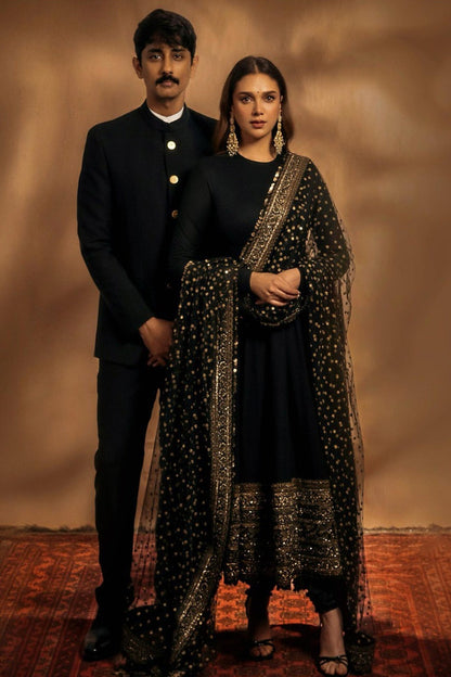 Aditi Rao-Inspired Black Rayon Embroidered Anarkali Suit Set