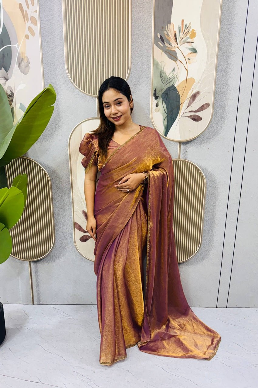 Copper Color Space Silk Gown Saree with Beads Lace & Dupatta