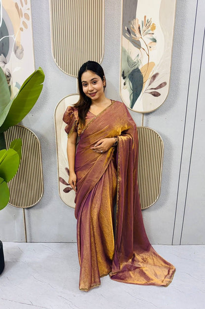 Copper Color Space Silk Gown Saree with Beads Lace & Dupatta