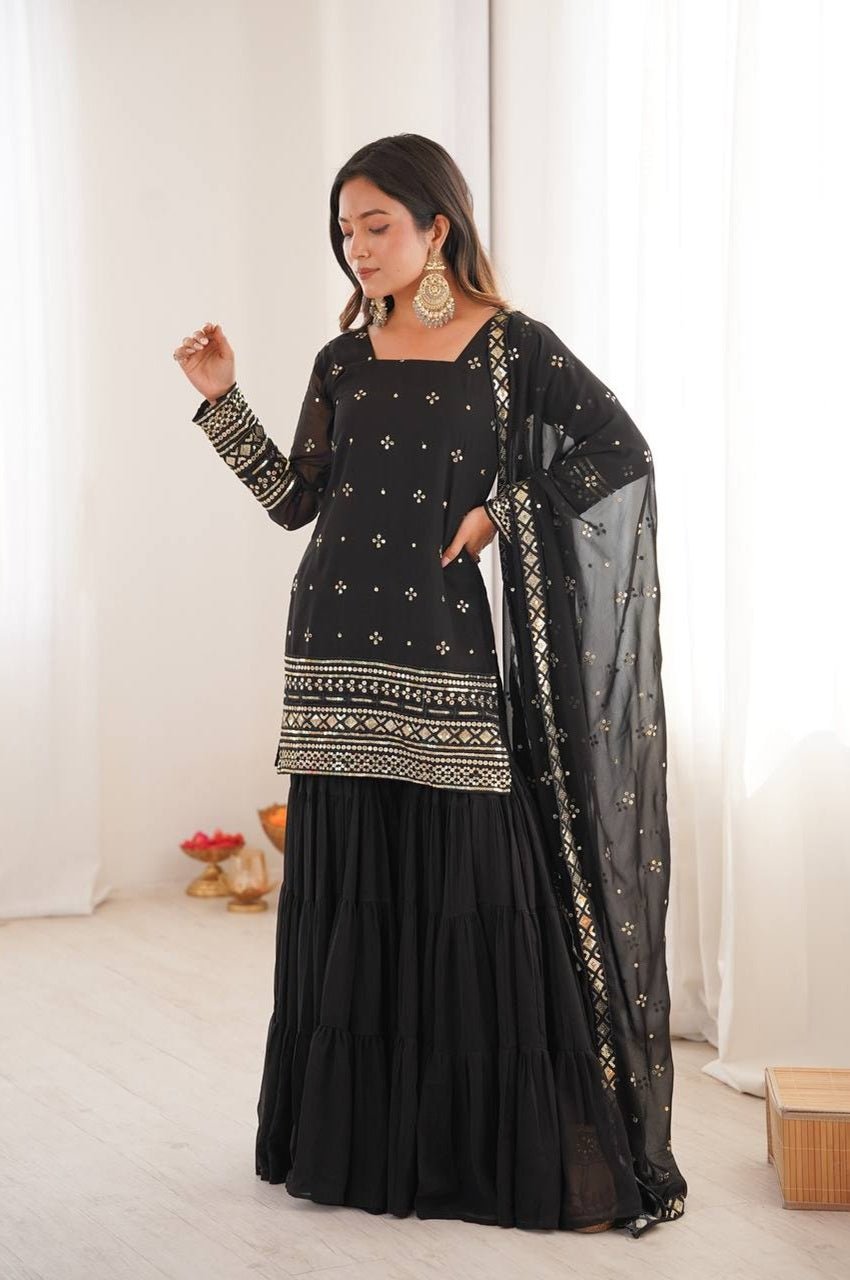 Black Sequin Work Ruffle Sharara Suit Set