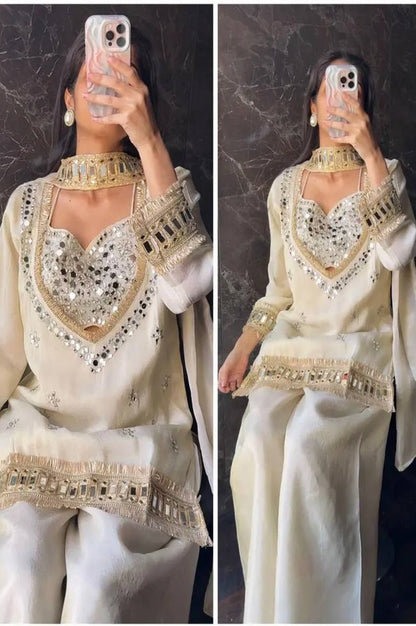 Off White Mirror Work Palazzo Suit
