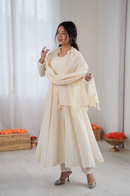 Off White Lucknowi Anarkali Suit Set