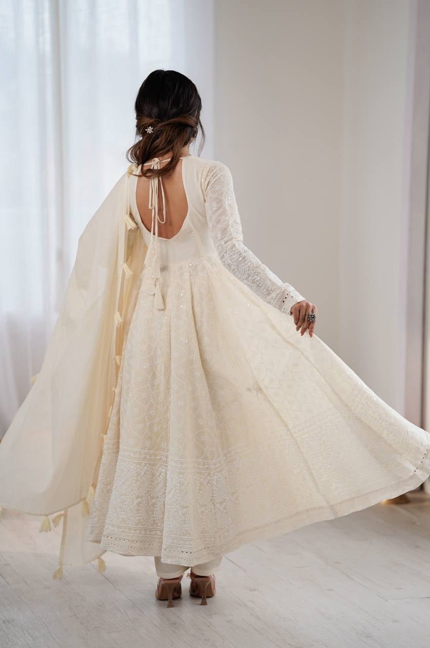 Off White Lucknowi Anarkali Suit Set