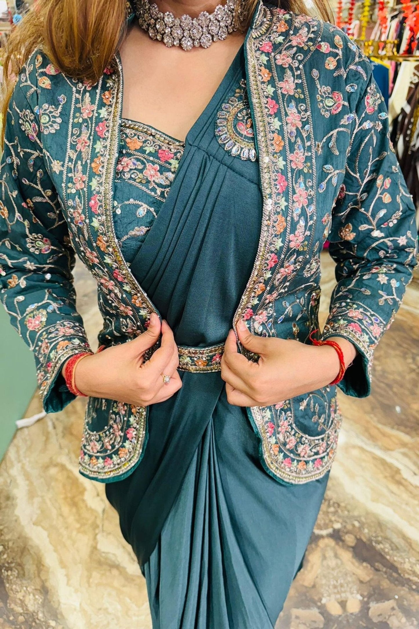 Steel Blue Rangoli Silk Ready-to-Wear Saree with Embroidered Blouse, Koti
