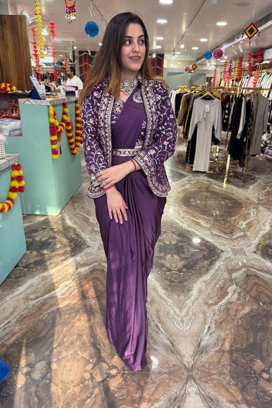 Wine Rangoli Silk Ready-to-Wear Saree with Embroidered Blouse, Koti