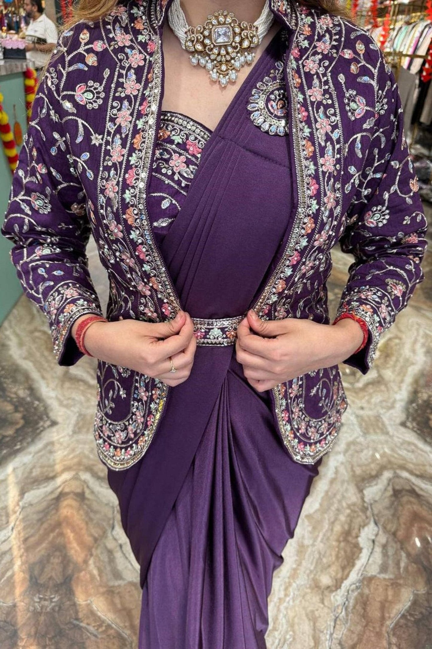 Wine Rangoli Silk Ready-to-Wear Saree with Embroidered Blouse, Koti