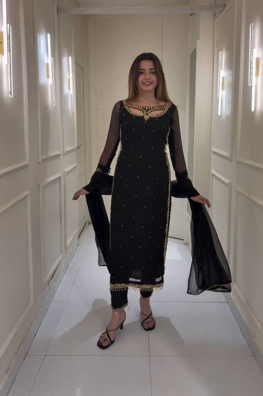 Black Color Designer Suit Set with Pearl Moti Work