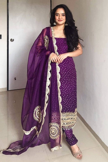 Purple Bandhej Mirror Work Kurti Set