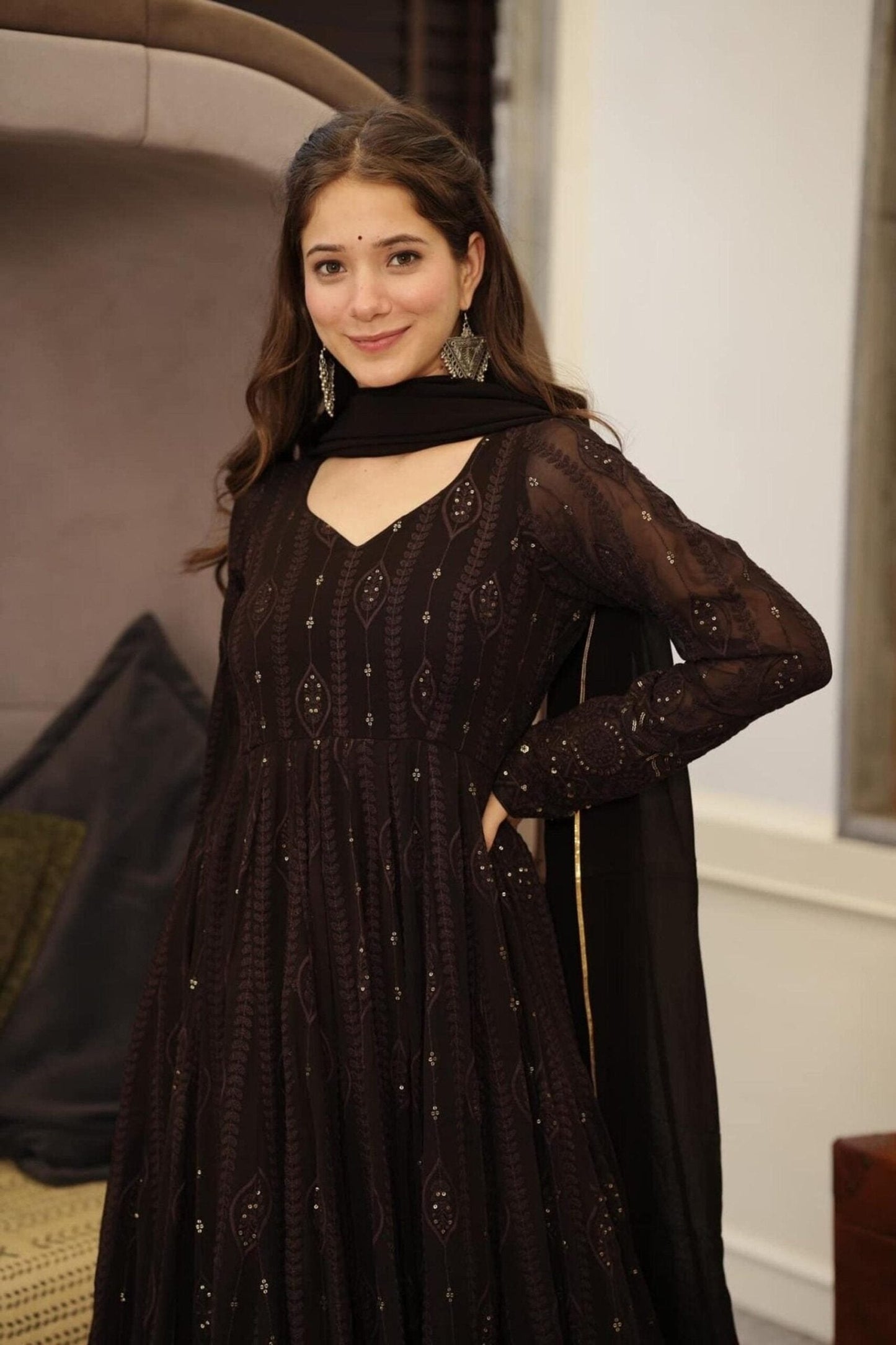 Elegant Black Embroidered Georgette Suit Set with Dupatta